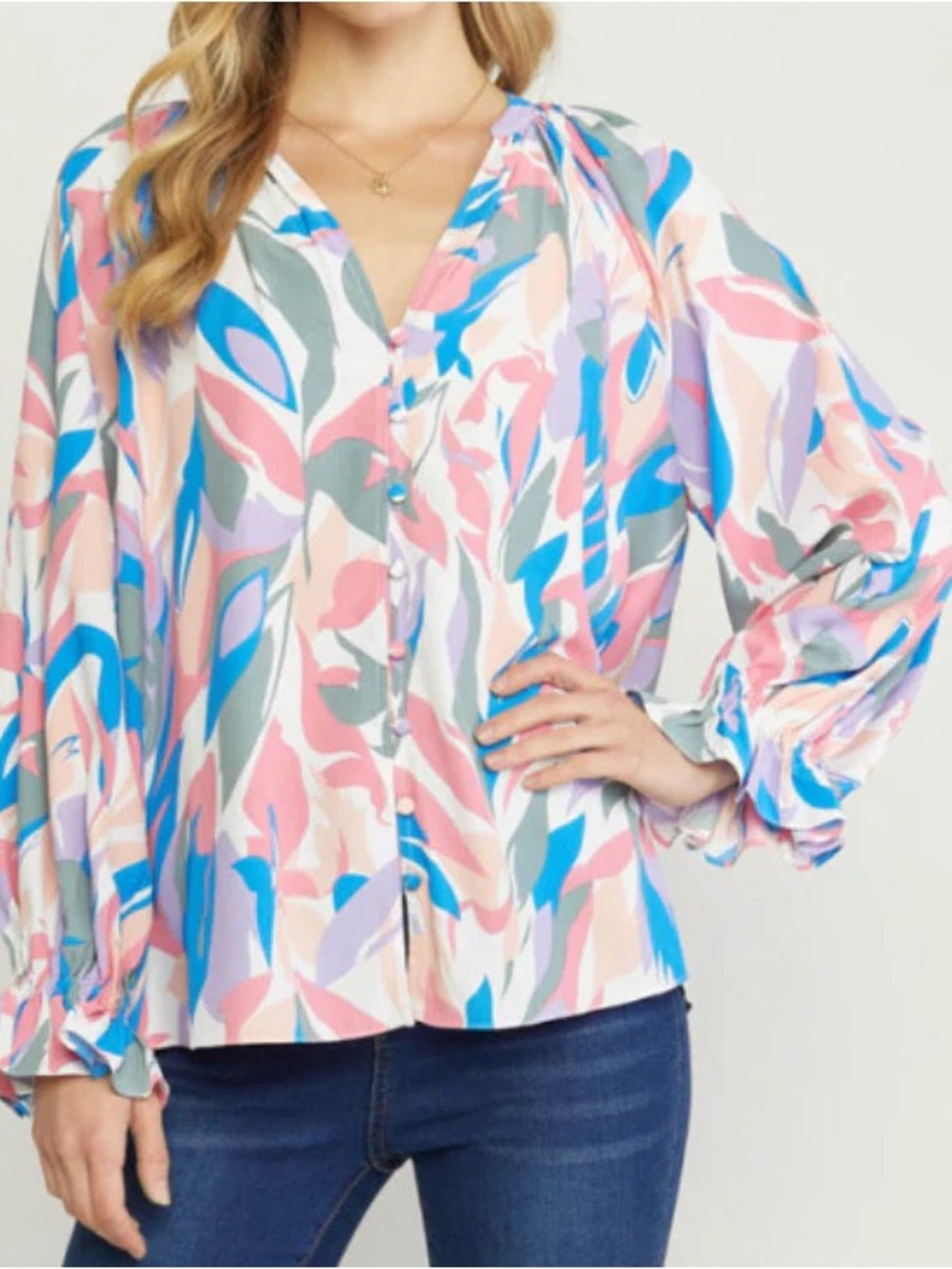 entro Pastel Multicolor Button-Front V-Neck Blouse medium Peasant top